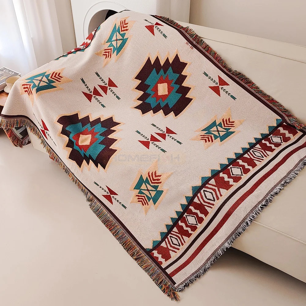 Boho Throw Blanket Fringe - بطانية أزتيك كبيرة الحجم بنمط بوهو